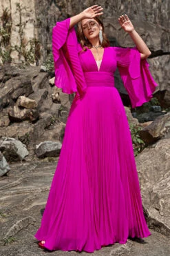 A Line Deep V Neck Dark Fuchsia Plus Size Prom Dress With Long Sleeves -Zapaka Sales Store YYZL510DarkFuchsia 5