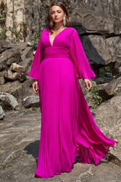 A Line Deep V Neck Dark Fuchsia Plus Size Prom Dress With Long Sleeves -Zapaka Sales Store YYZL510DarkFuchsia 7