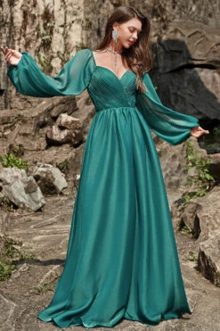 A Line Sweetheart Dark Green Long Prom Dress With Long Sleeves -Zapaka Sales Store YYZL515DarkGreen 3