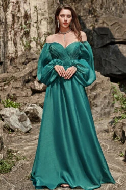 A Line Sweetheart Dark Green Long Prom Dress With Long Sleeves -Zapaka Sales Store YYZL515DarkGreen 6