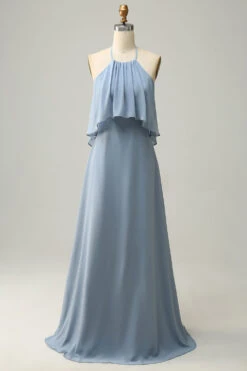 A Line Halter Neck Blue Long Bridesmaid Dress
