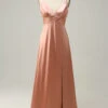 Blush Spaghetti Straps A Line Bridesmaid Dress With Slit