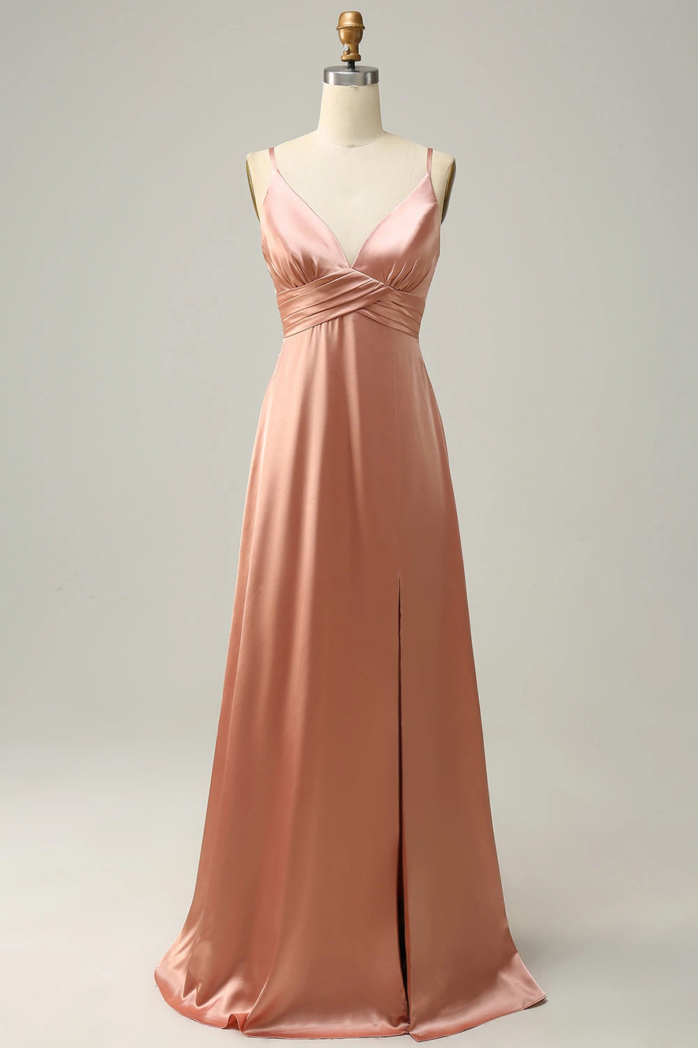Blush Spaghetti Straps A Line Bridesmaid Dress With Slit 1 Blush Spaghetti Straps A Line Bridesmaid Dress With Slit