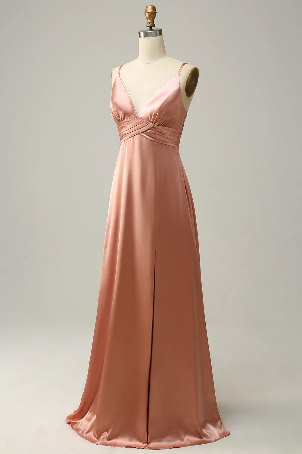 Blush Spaghetti Straps A Line Bridesmaid Dress With Slit 3 Blush Spaghetti Straps A Line Bridesmaid Dress With Slit - Image 3