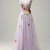 A Line Deep V Neck Lavender Long Prom Dress With Appliques