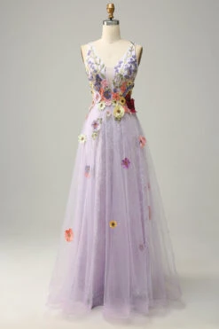A Line Deep V Neck Lavender Long Prom Dress With Appliques