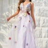A Line Deep V Neck Lavender Long Prom Dress With Open Back