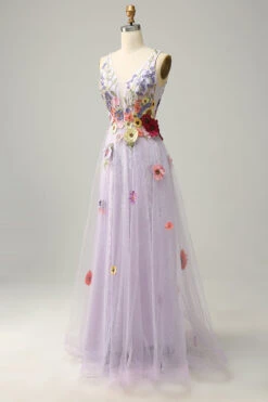 A Line Deep V Neck Lavender Long Prom Dress With Appliques -Zapaka Sales Store YYZL596Lavender 3
