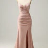 Mermaid Spaghetti Straps Blush Long Prom Dress With Beading