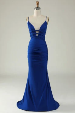 Mermaid Spaghetti Straps Royal Blue Plus Size Prom Dress With Criss Cross Back