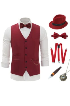 Burgundy Chain Men's Vest With 5 Pieces Accessories Set