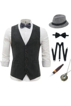 Dark Grey Pinstriped Men's Vest With 5 Pieces Accessories Set
