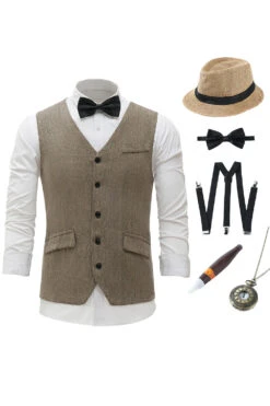 Khaki Shawl Lapel Men's Vest With 5 Piece Accessories Set