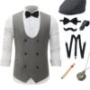 Grey Double Breasted Men's Vest With 7 Pieces Accessories Set