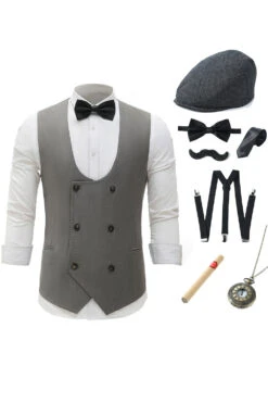 Grey Double Breasted Men's Vest With 7 Pieces Accessories Set