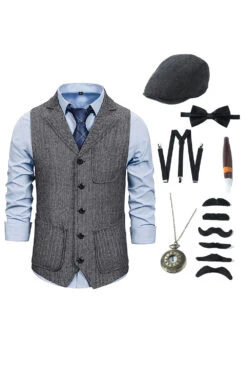 Grey Notched Lapel Men's Vest With Accessories Set