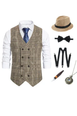 Brown Plaid Double Breasted Men Vest With Accessories Set