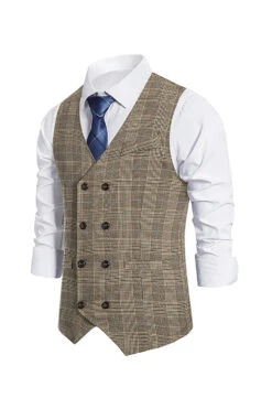 Brown Plaid Double Breasted Men Vest With Accessories Set -Zapaka Sales Store YYZLHB230128 20Brown 3