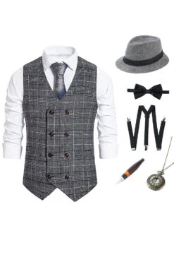 Grey Plaid Double Breasted Men's Vest With Accessories Set