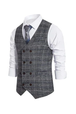Grey Plaid Double Breasted Men's Vest With Accessories Set -Zapaka Sales Store YYZLHB230129 20Grey 3