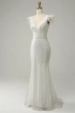 White Sequins V Neck Mermaid Long Prom Dress With Feathers -Zapaka Sales Store YYZLZQ1025White 3