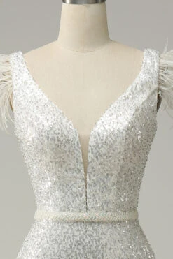 White Sequins V Neck Mermaid Long Prom Dress With Feathers -Zapaka Sales Store YYZLZQ1025White 4