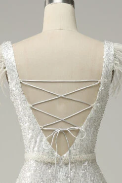 White Sequins V Neck Mermaid Long Prom Dress With Feathers -Zapaka Sales Store YYZLZQ1025White 6