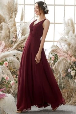Burgundy V Neck Chiffon Bridesmaid Dress -Zapaka Sales Store ZDGAS111 2