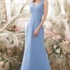 Blue V Neck Chiffon Bridesmaid Dress