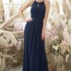 Navy Halter Chiffon Bridesmaid Dress