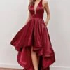 Burgundy High Low Prom Dress With Pockets