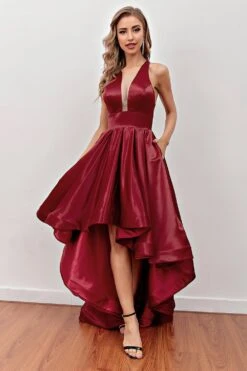 Burgundy High Low Prom Dress With Pockets