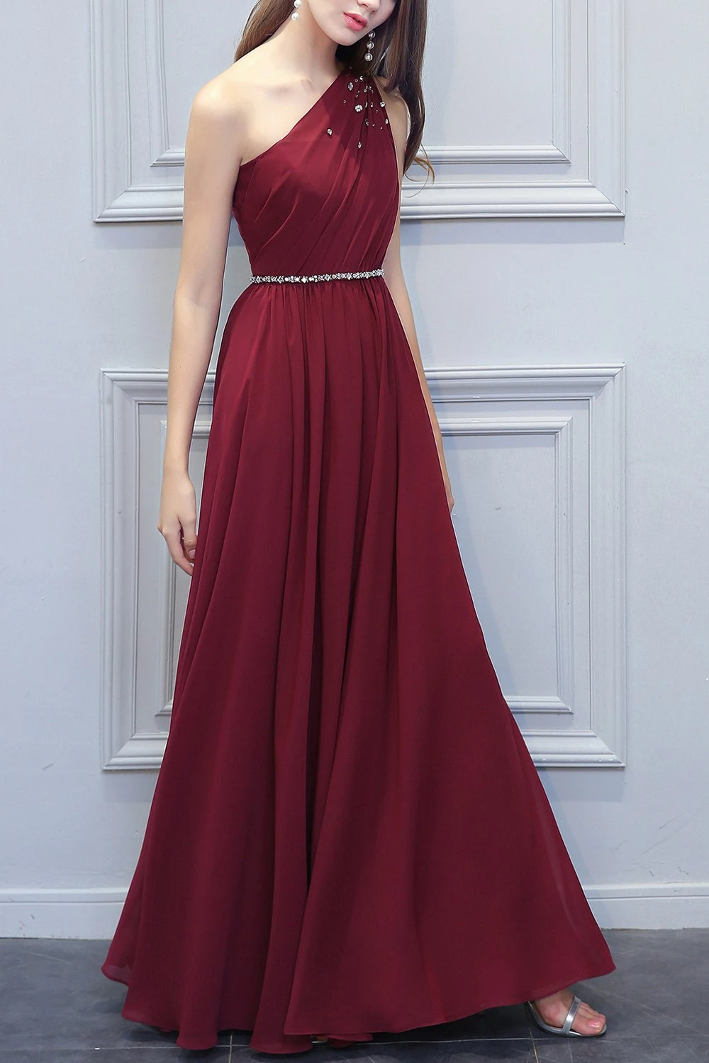One Shoulder Long Chiffon Bridesmaid Dress With Beading 2 One Shoulder Long Chiffon Bridesmaid Dress With Beading - Image 2