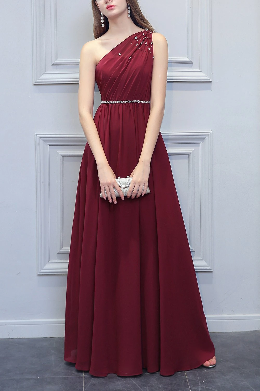 One Shoulder Long Chiffon Bridesmaid Dress With Beading 4 One Shoulder Long Chiffon Bridesmaid Dress With Beading - Image 4