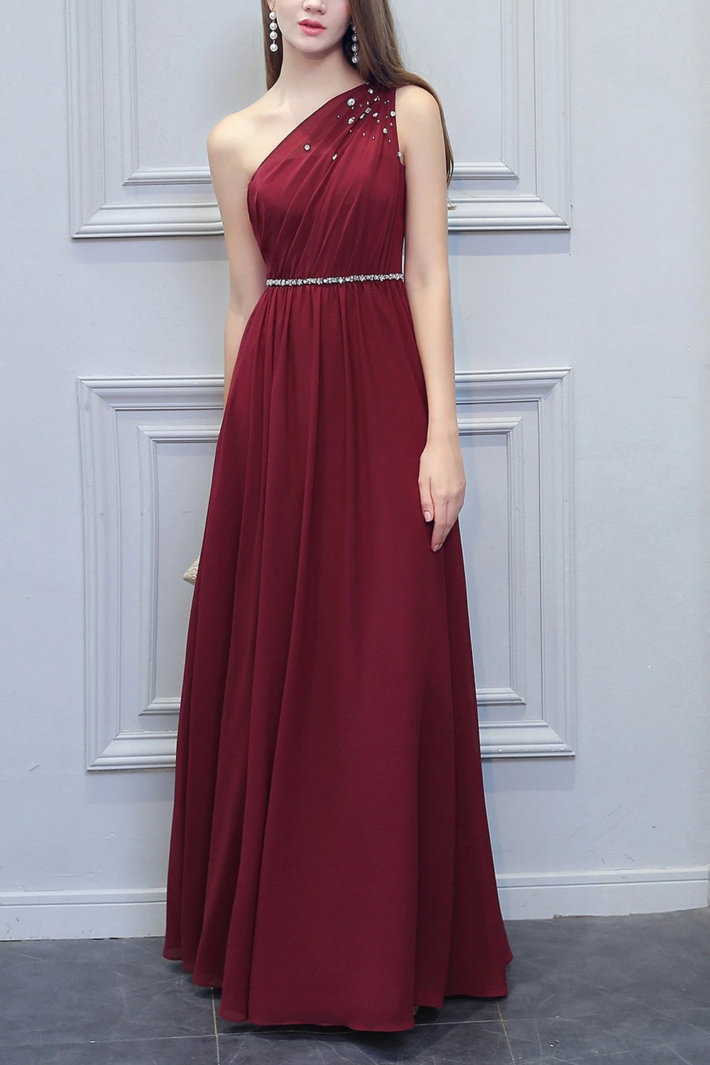 One Shoulder Long Chiffon Bridesmaid Dress With Beading 6 One Shoulder Long Chiffon Bridesmaid Dress With Beading - Image 6