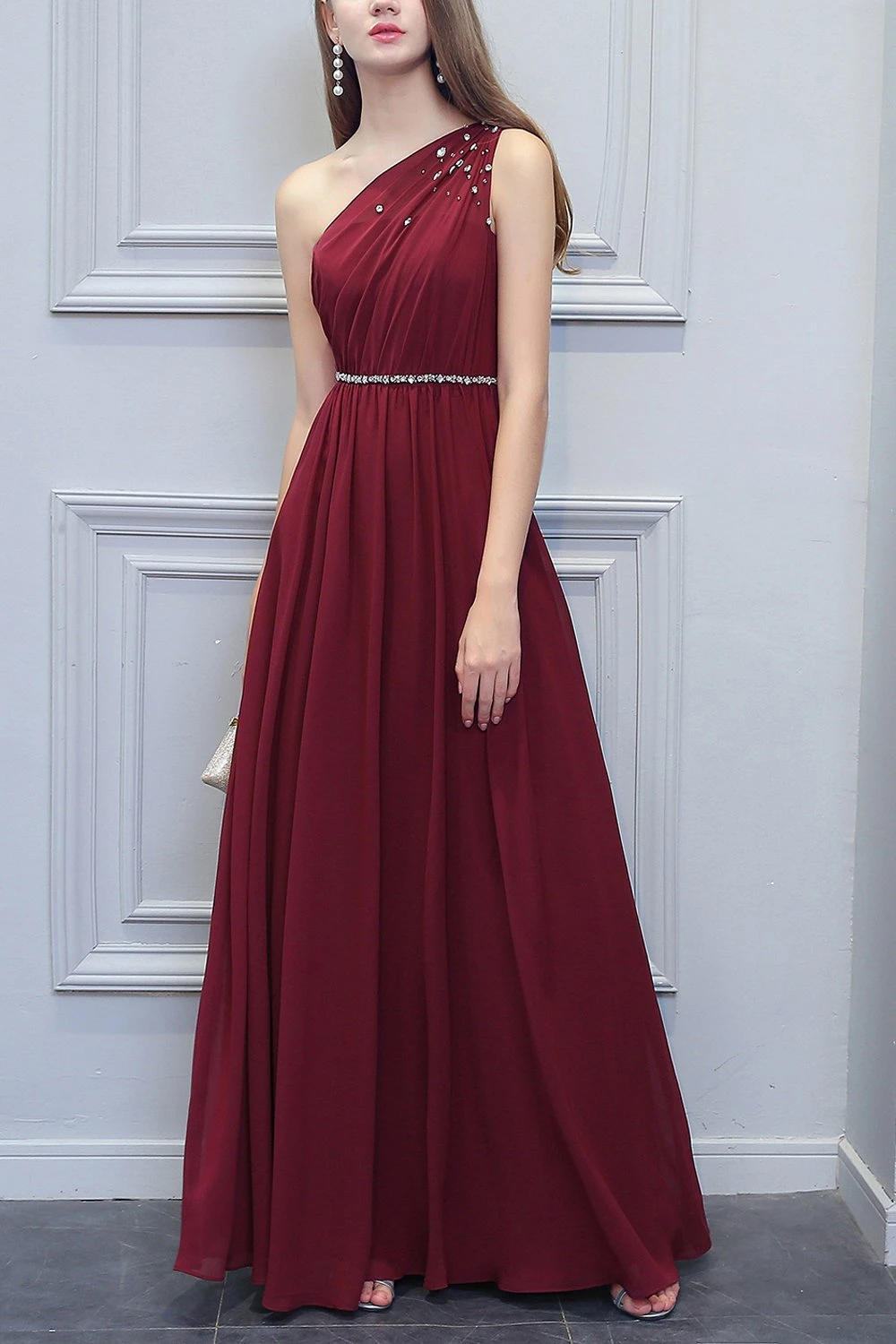 One Shoulder Long Chiffon Bridesmaid Dress With Beading 1 One Shoulder Long Chiffon Bridesmaid Dress With Beading