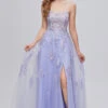 Lavender Spaghetti Straps Appliques Long Prom Dress With Slit