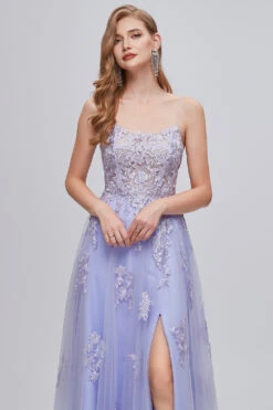 Lavender Spaghetti Straps Appliques Long Prom Dress With Slit -Zapaka Sales Store ZPK361031 4