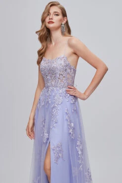 Lavender Spaghetti Straps Appliques Long Prom Dress With Slit -Zapaka Sales Store ZPK361031 5