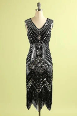 Black Glitter Fringe 1920s Flapper Dress -Zapaka Sales Store ZPKAV035black silver