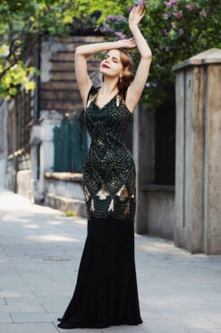 Black 1920s Sequins Flapper Long Dress -Zapaka Sales Store ZPKAV049 black green