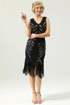 Women Black 1920s Fringe Golden Sequin Dress