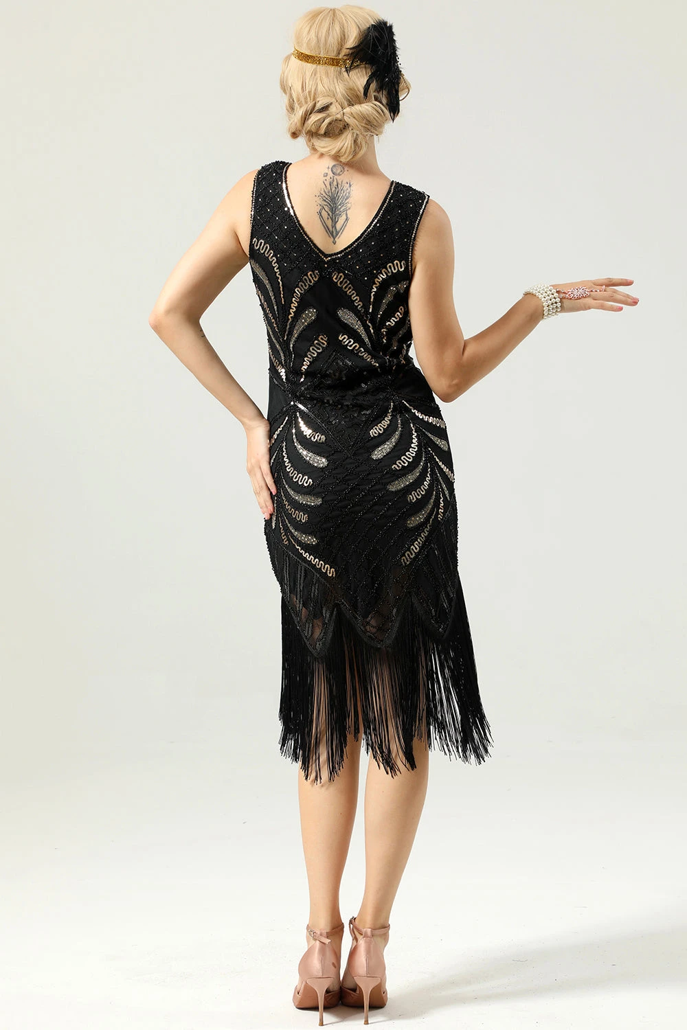Women Black 1920s Fringe Golden Sequin Dress 2 Women Black 1920s Fringe Golden Sequin Dress - Image 2