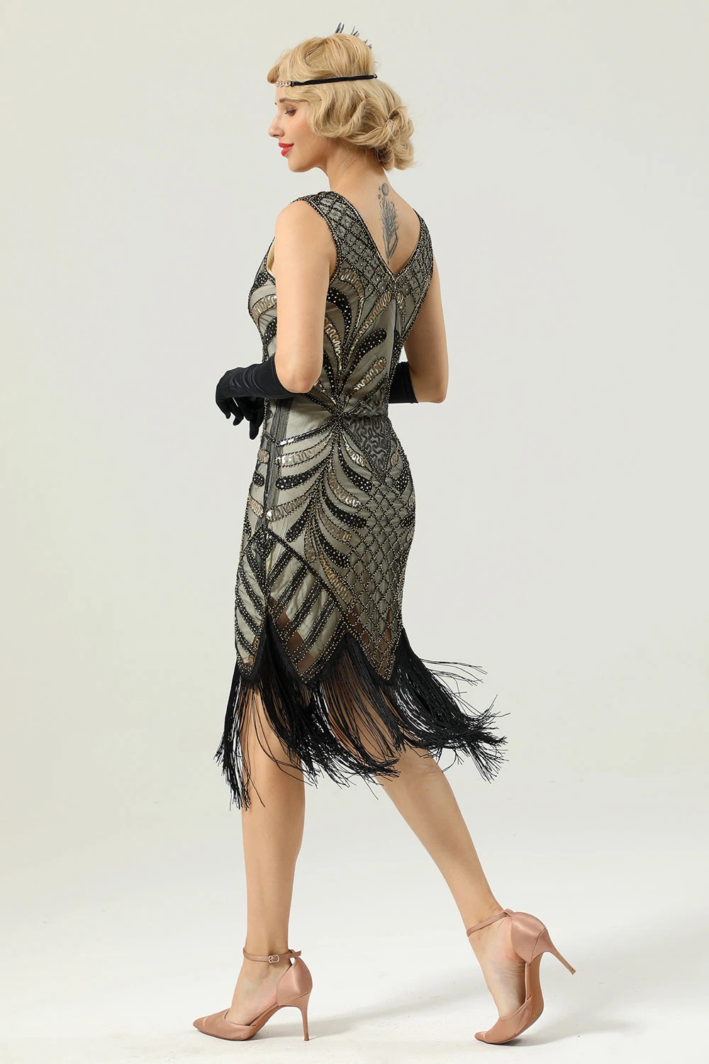 Women Black 1920s Fringe Golden Sequin Dress 7 Women Black 1920s Fringe Golden Sequin Dress - Image 7