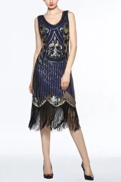 Women Black V Neck 1920s Fringe Sequin Flapper Dress -Zapaka Sales Store ZPKAV059navy