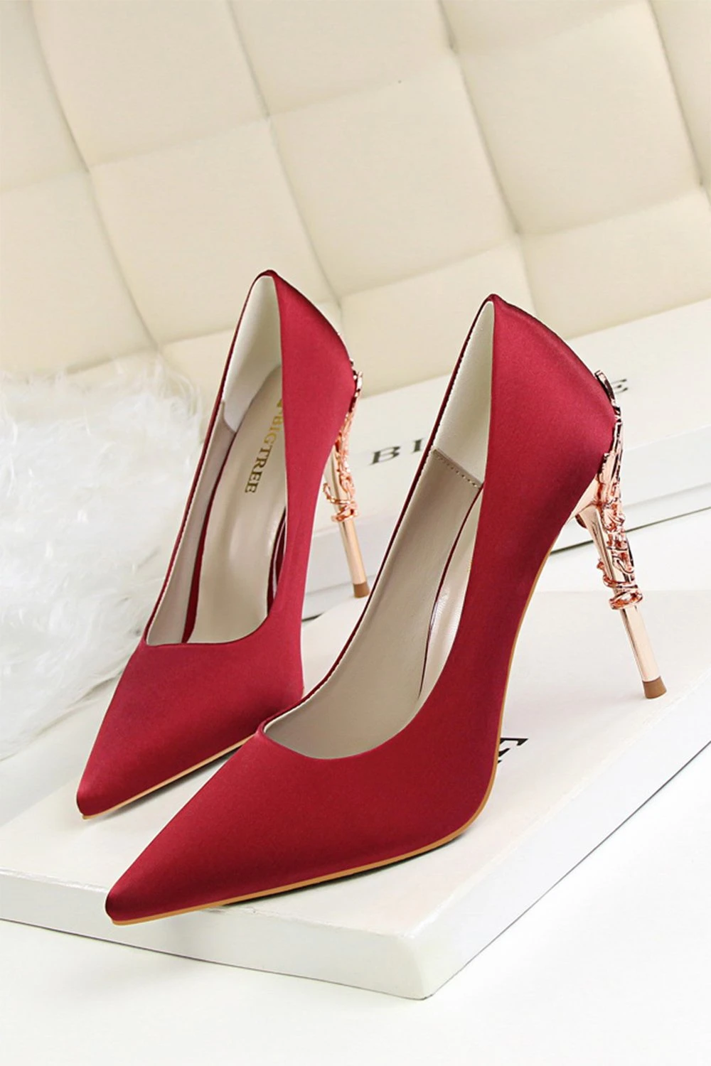 Burgundy Shallow Metal Stiletto Heels 2 Burgundy Shallow Metal Stiletto Heels - Image 2