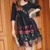 Black V Neck Vintage Dress With Rose Embroidery