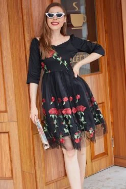Black V Neck Vintage Dress With Rose Embroidery