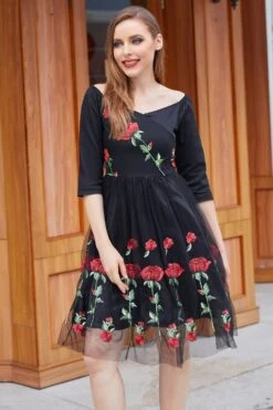 Black V Neck Vintage Dress With Rose Embroidery -Zapaka Sales Store ZPKCGZL21041 20Black 5