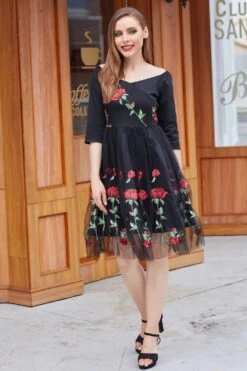 Black V Neck Vintage Dress With Rose Embroidery -Zapaka Sales Store ZPKCGZL21041 20Black 6